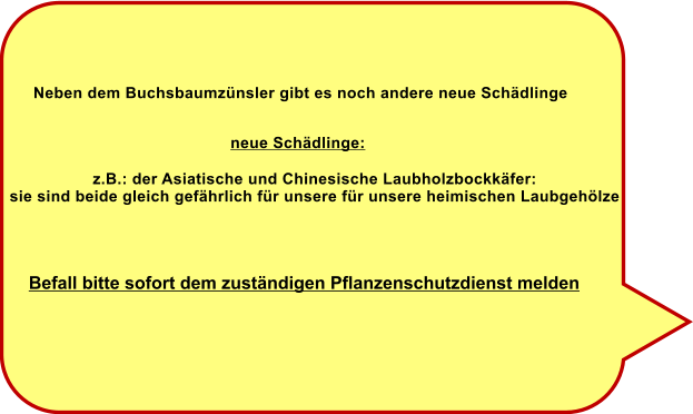 Neben dem Buchsbaumznsler gibt es noch andere neue Schdlinge          neue Schdlinge:   z.B.: der Asiatische und Chinesische Laubholzbockkfer:  sie sind beide gleich gefhrlich fr unsere fr unsere heimischen Laubgehlze Befall bitte sofort dem zustndigen Pflanzenschutzdienst melden